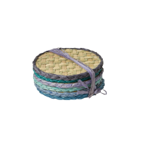 Set of 6 Assorted Blue & Green Raffia Coasters Rice DK